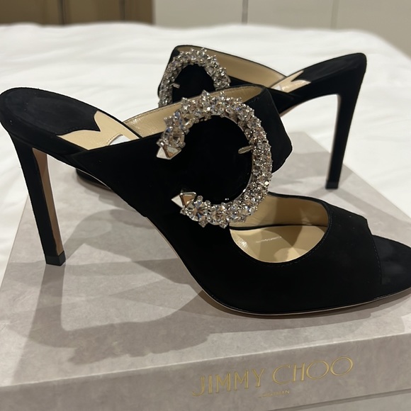 JIMMY CHOO black suede mules with crystal buckle. Size 37. NWT - Picture 4 of 8
